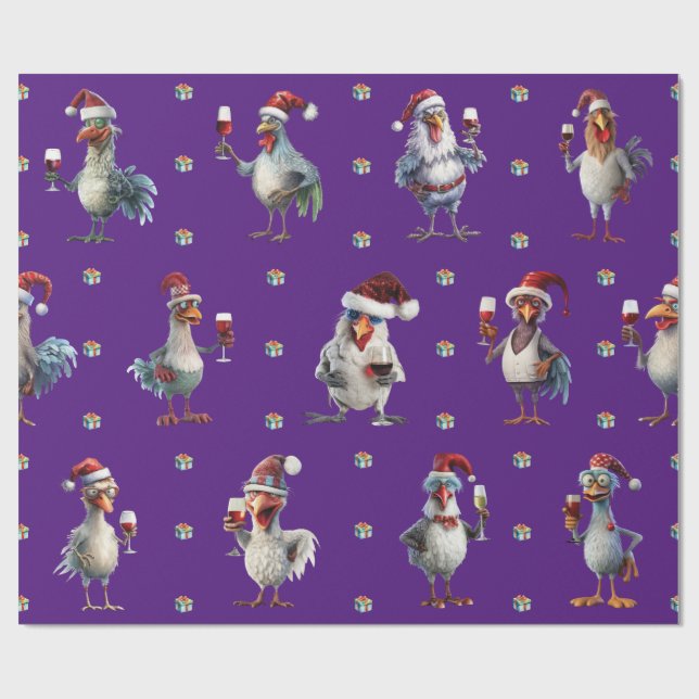 Funny Chicken Christmas Holiday Wine Party Purple Wrapping Paper (Flat)