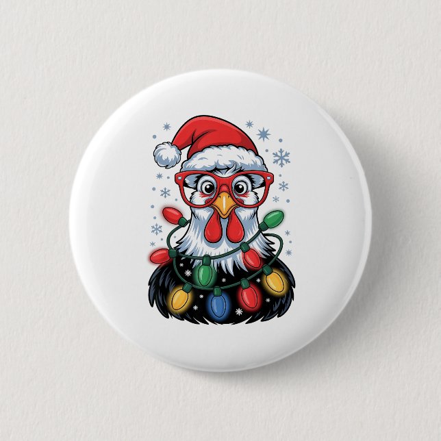 Funny Chicken Christmas Tree Lights Santa Hat Xmas 6 Cm Round Badge (Front)