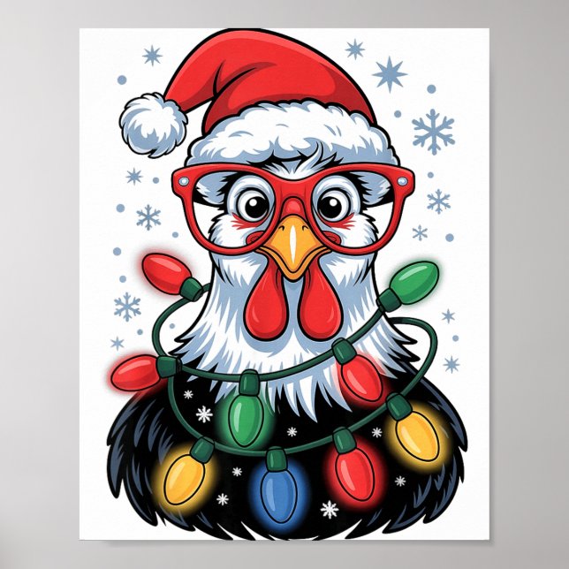 Funny Chicken Christmas Tree Lights Santa Hat Xmas Poster (Front)