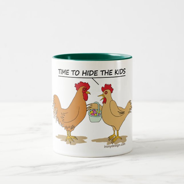 Funny Chicken Easter Egg Hunt Cartoon Two-Tone Coffee Mug (Center)