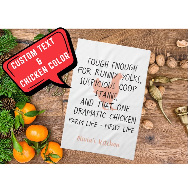 Funny Chicken Farm Owner Custom Name Orange Black  Tea Towel (Modern Custom Text Chicken Farm Owner name orange black kitchen towel)