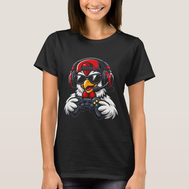 Funny Chicken Gamer Tee Gaming Headset Gamepad Vid (Front)