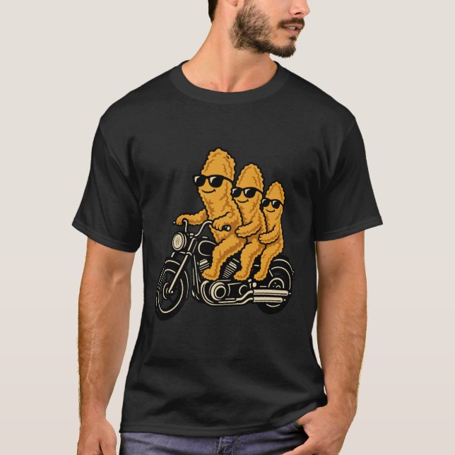 Funny Chicken Nuggets Riding a Motorcycle T-Shirt (Front)
