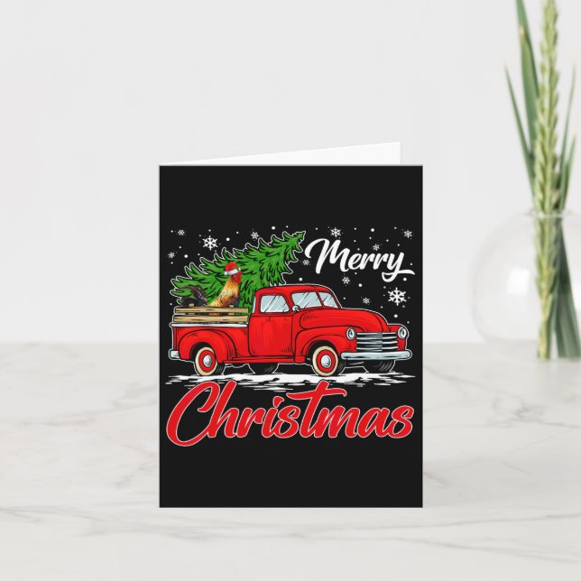 Funny Chicken On Red Truck Christmas Tree Christma Card (Front)