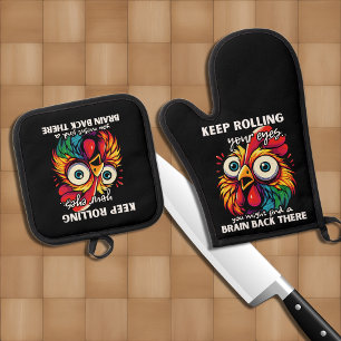 Funny Chicken Rolling Eye Quote Oven Mitt & Pot Holder Set