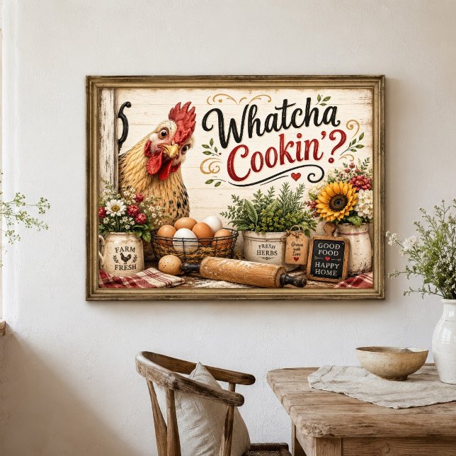Funny Chicken Rooster Farmhouse Kitchen Wall Art (Funny Chicken Rooster Farmhouse Kitchen Wall Art, Whatcha Cookin? Country Rustic Kitchen Decor)