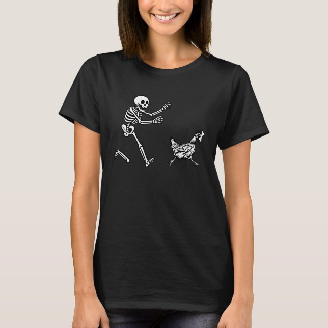 Funny Chicken Running Skeleton Halloween T-Shirt (Front)
