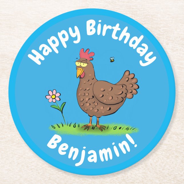 Funny chicken rustic cartoon illustration round paper coaster (Front)