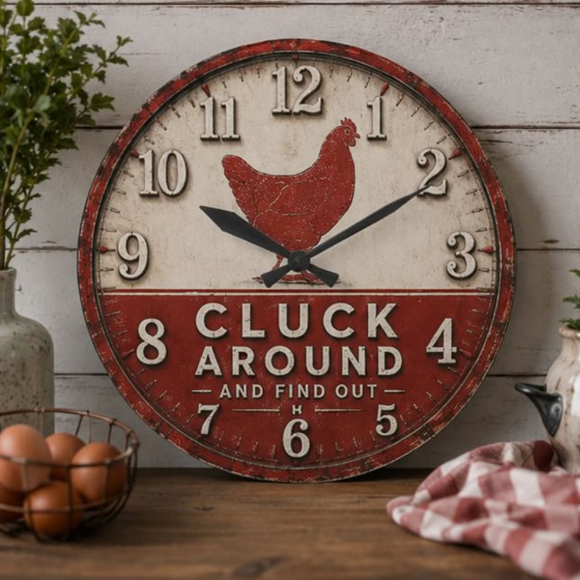Funny Chicken Rustic Farmhouse  Large Clock (Creator Uploaded)