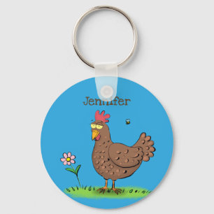 Funny chicken rustic whimsical cartoon key ring