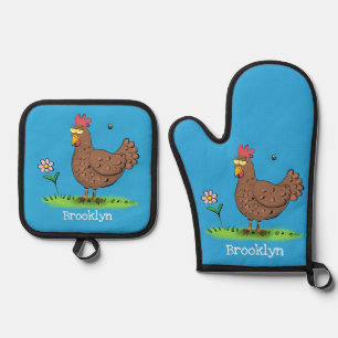 Funny chicken rustic whimsical cartoon oven mitt & pot holder set