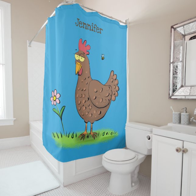 Funny chicken rustic whimsical cartoon shower curtain (In Situ)