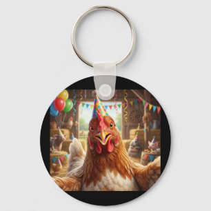 Funny Chicken Selfie Birthday Party Hat Farm Anima Key Ring
