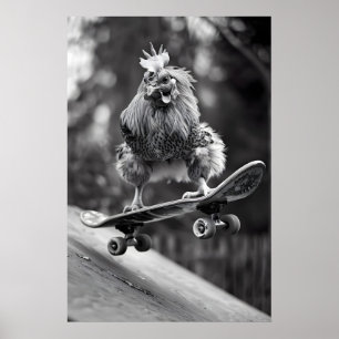 Funny Chicken Skateboarding Art Vintage Black Poster