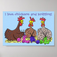 Funny chicken trio knitting cartoon