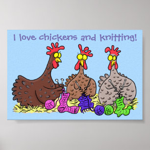Funny chicken trio knitting cartoon poster
