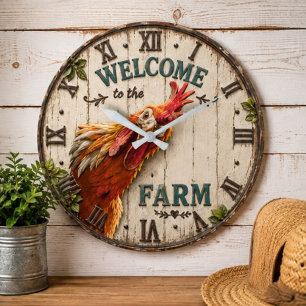 Funny Chicken Welcome to the Farm Rustic Large Clock