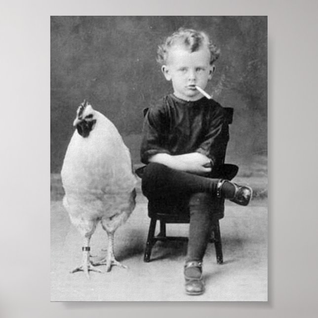 Funny Chicken With Smoking Kid Vintage Photo Poster (Front)