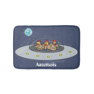 Funny chickens in space cartoon illustration bath mat