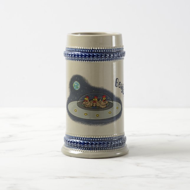 Funny chickens in space cartoon illustration beer stein (Center)