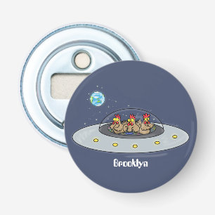 Funny chickens in space cartoon illustration bottle opener
