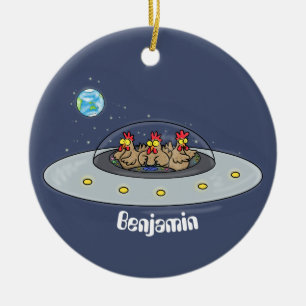 Funny chickens in space cartoon illustration ceramic tree decoration