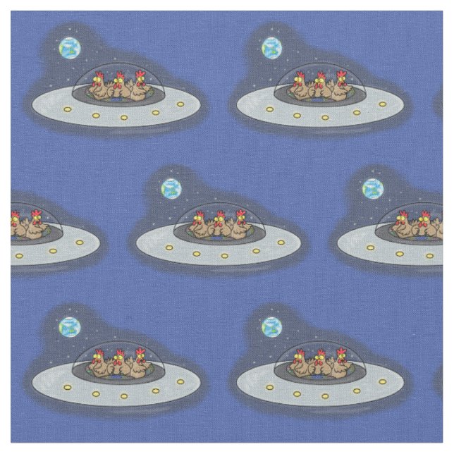 Funny chickens in space cartoon illustration fabric (Close Up)