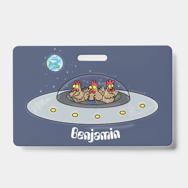 Funny chickens in space cartoon illustration ID badge (Front)