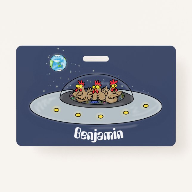 Funny chickens in space cartoon illustration ID badge (Front)