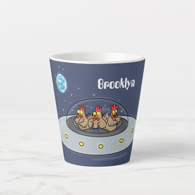 Funny chickens in space cartoon illustration latte mug (Front)
