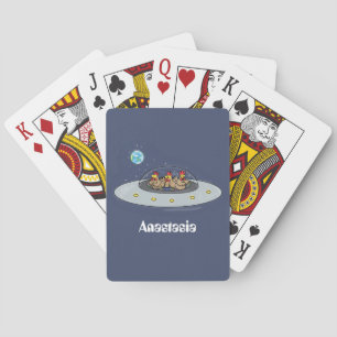Funny chickens in space cartoon illustration playing cards
