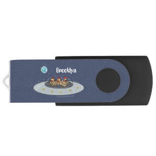 Funny chickens in space cartoon illustration USB flash drive