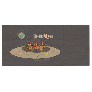 Funny chickens in space cartoon illustration wood USB flash drive