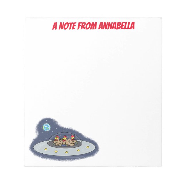 Funny chickens in space ship cartoon illustration notepad (Front)