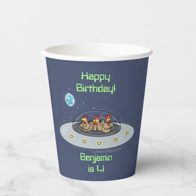 Funny chickens in spaceship cartoon paper cups (Front)