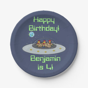 Funny chickens in spaceship cartoon paper plate