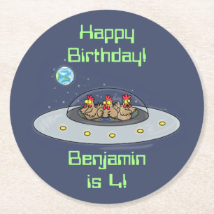 Funny chickens in spaceship cartoon round paper coaster