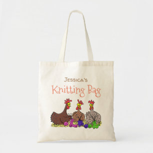 Funny chickens knitting cartoon illustration tote bag