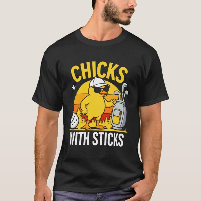 Funny Chicks with Sticks Golf Pickleball Sunset T-Shirt (Front)