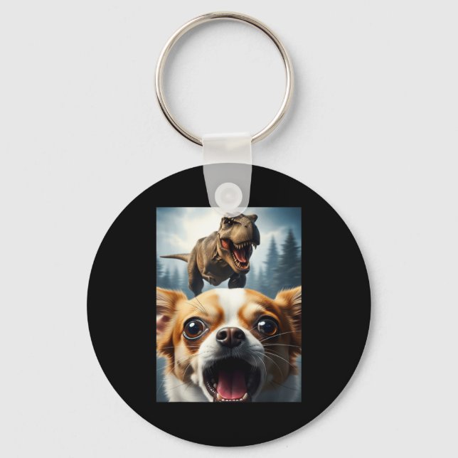 Funny Chihuahua Dog Selfie With T-rex Women Men Ki Key Ring (Front)