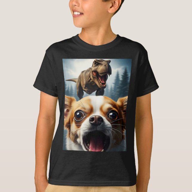 Funny Chihuahua Dog Selfie With T-rex Women Men Ki T-Shirt (Front)