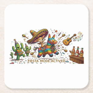 Funny Chihuahua Riding Piñata Fiesta Birthday  Square Paper Coaster