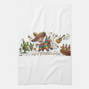 Funny Chihuahua Riding Piñata Fiesta Birthday Tea Towel