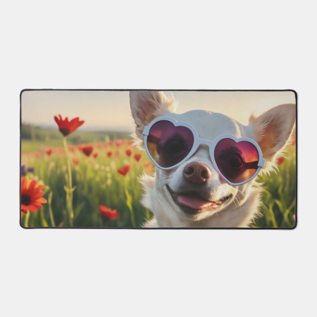 Funny Chihuahua Wearing Sunglasses in a Meadow Desk Mat (Front)