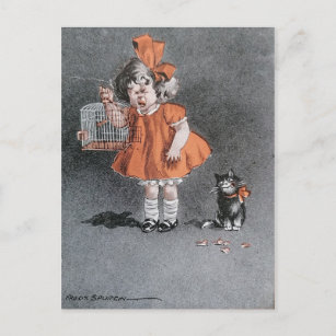 Funny Child and cheeky Cat Vintage antique Postcard