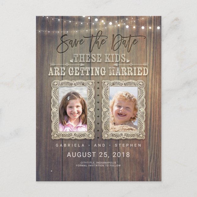 Funny Childhood Photos | Rustic Wood Save the Date Announcement Postcard (Front)