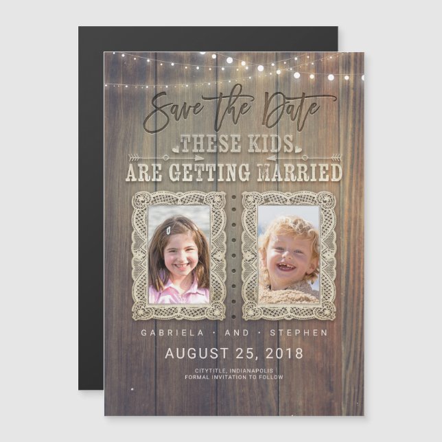 Funny Childhood Photos | Rustic Wood Save the Date Magnetic Invitation (Front/Back)