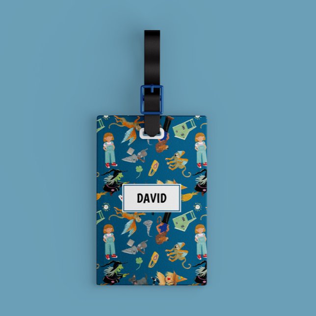 Funny children's characters on blue luggage tag (Charming equipage label with fun children's characters. Customizable with name and info)