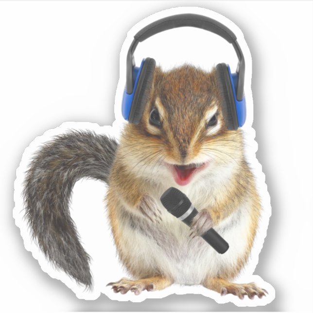 Funny chipmunk DJ with headphones and microphone.  (Front)
