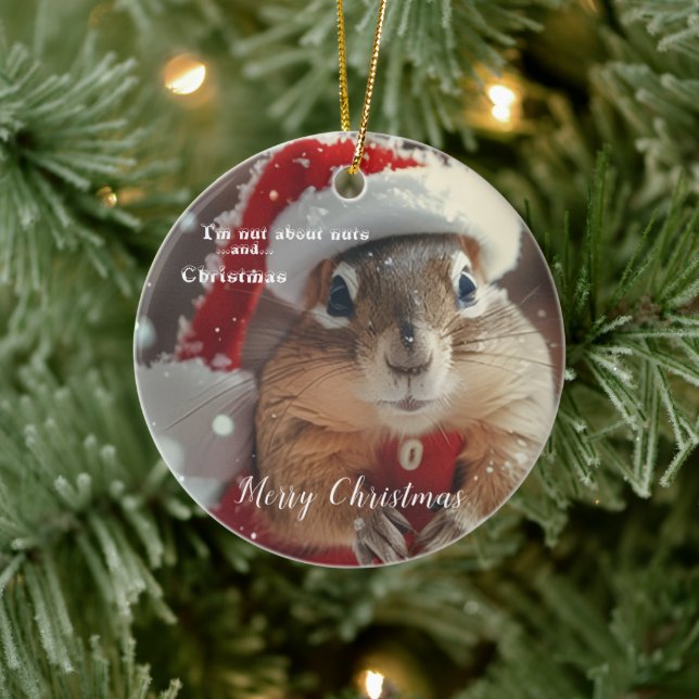 Funny Chipmunk Nut Merry Christmas Photo Ceramic Tree Decoration (Tree)